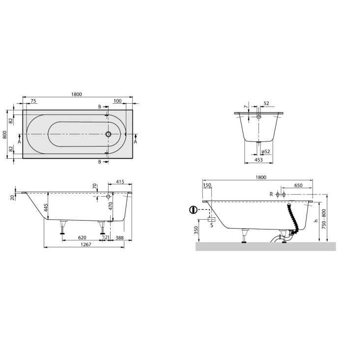 Ванна квариловая Villeroy&Boch Oberon UBQ180OBE2V-01 + ножки