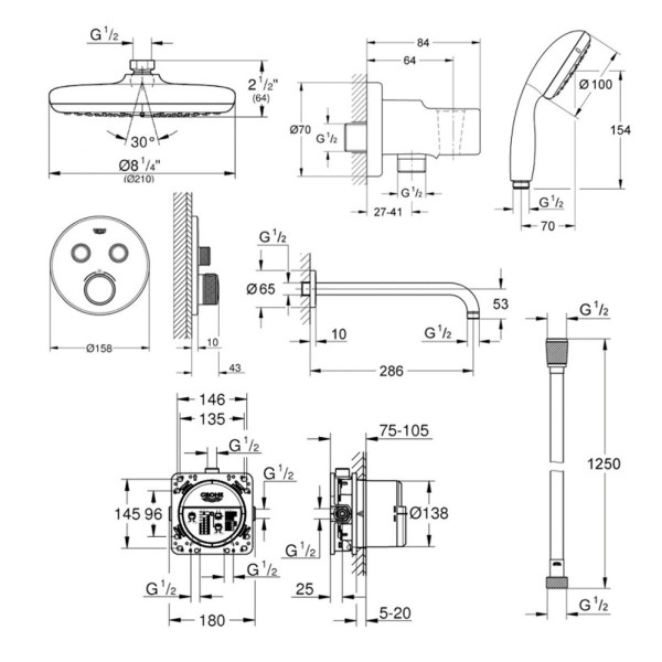 Плитка керамогранит Grohe Grohtherm SmartControl Душевая система с Rainshower New Tempesta 210 (34614SC0) для пола
