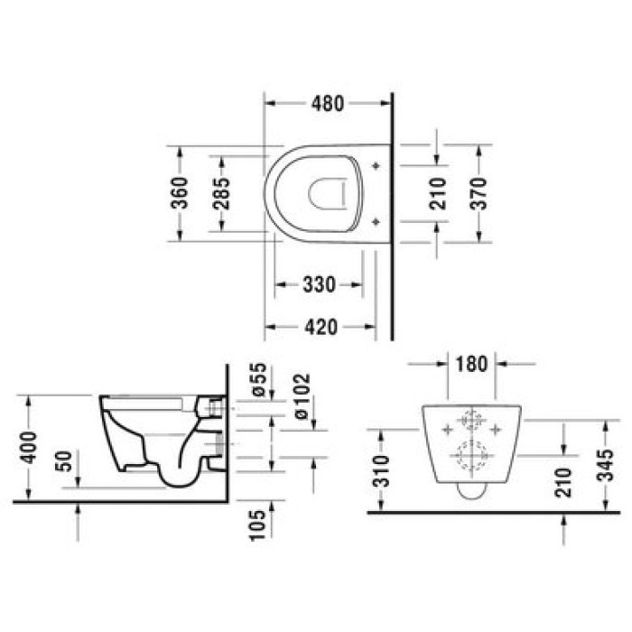 Плитка керамогранит Подвесной безободковый укороченный унитаз Duravit Rimless ME by Starck 2530090000 для пола