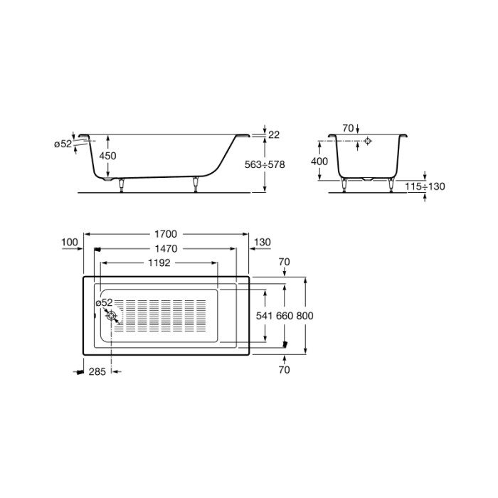 Ванна чугунная 170*80см ROCA TAMPA A233850000 с покрытием против скольжения