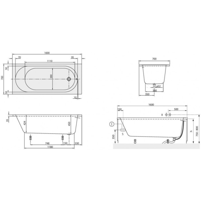 Ванна акриловая Villeroy&Boch O.NOVO UBA160CAS2V-01