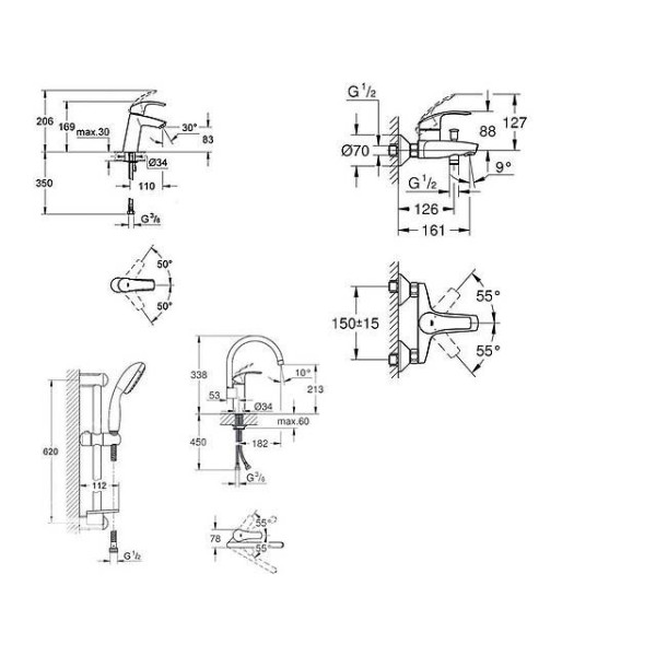 Grohe Набор смесителей Eurosmart 4 в 1 для ванны и кухни (123248MK)