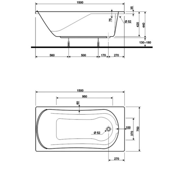 Ванна акриловая Kolo Comfort XWP3050 150x75 с ножками