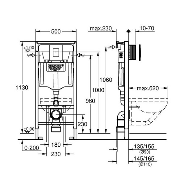 Инсталляция для унитаза GROHE Rapid SL 38775001 комплект 4 в1 с клавишей смыва Skate Cosmopolitan с креплением и звукоизолирующей прокладкой