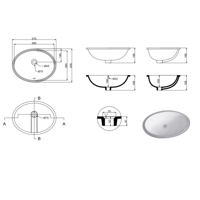 DEVIT 1613110 LAGUNA Раковина 570*370 врезная под столешницу с креплениями