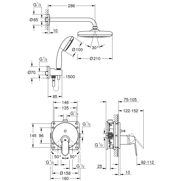 Плитка керамогранит Grohe Eurosmart Cosmopolitan Душевой набор с Tempesta 210 (25219001) для пола