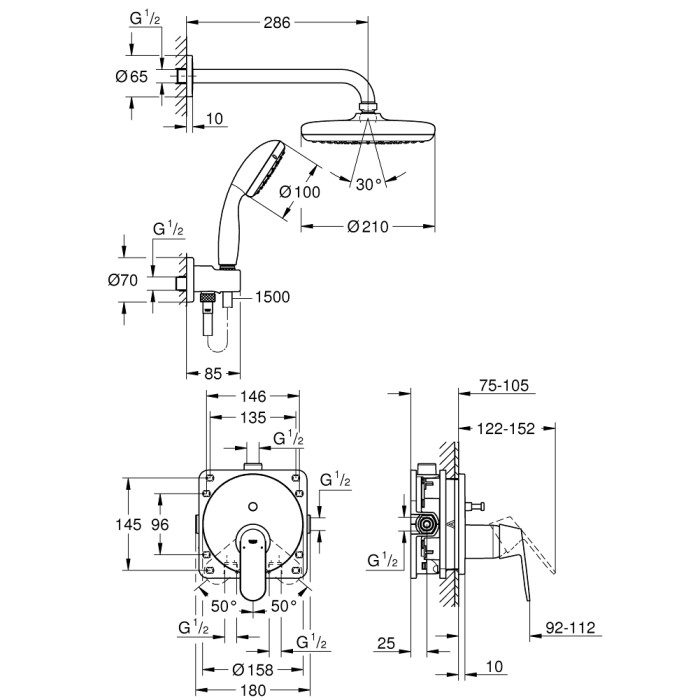 Плитка керамогранит Grohe Eurosmart Cosmopolitan Душевой набор с Tempesta 210 (25219001) для пола