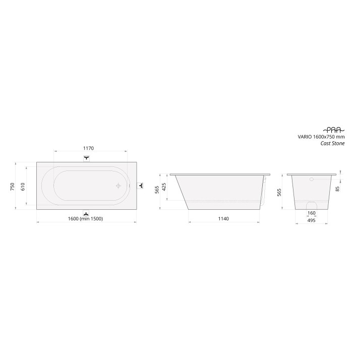 Ванна из искусственного камня PAA Vario 1600/1500x750