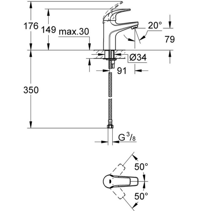 Grohe BauCurve Смеситель однорычажный для раковины S-Size (23165000)