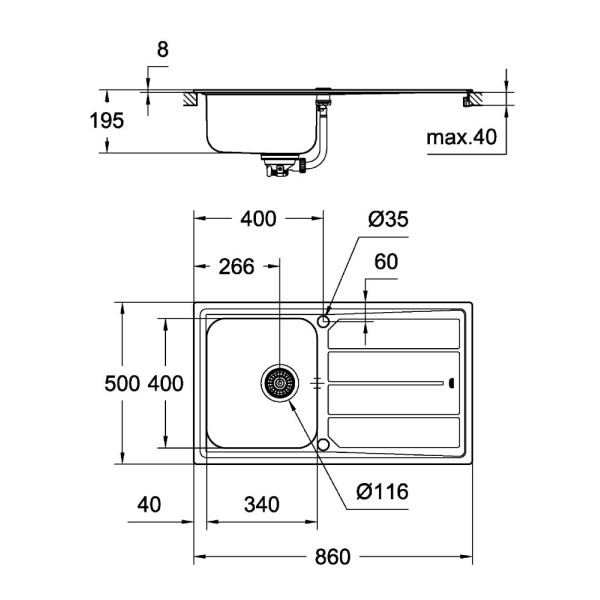 Мойдка для кухни Grohe 860x500 мм с эксцентриком, 1 чаша, матовая (31571SD0)