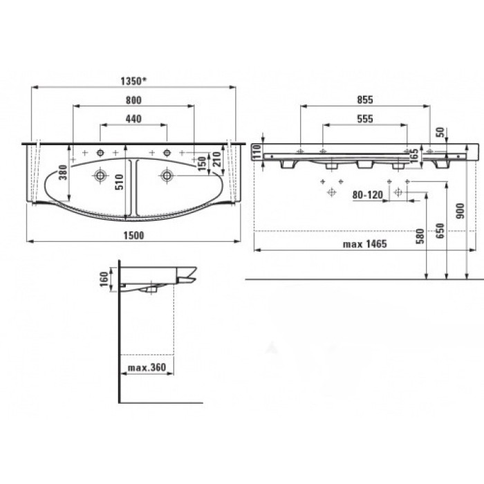 Умывальник двойной Laufen Palace 150 H8147060001041 с держателем полотенца
