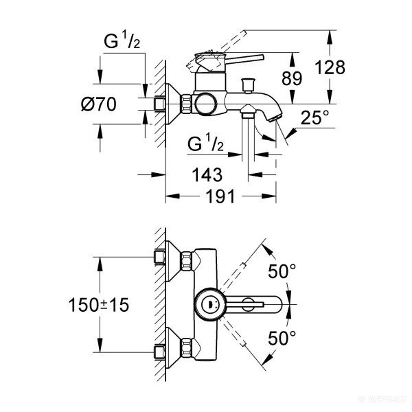 Grohe BauClassic Смеситель однорычажный для ванны (32865000)