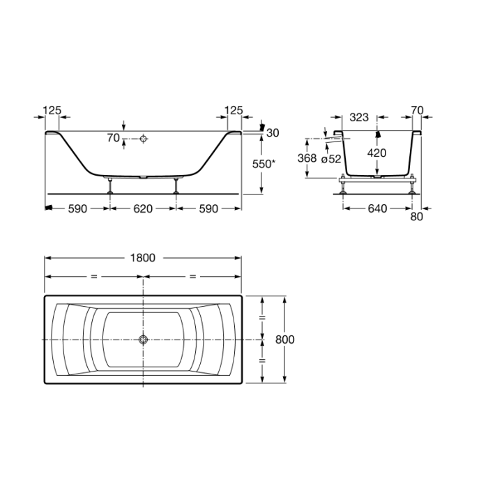 Ванна акриловая 180*80см ROCA HALL A248163000 с ножками и подголовниками