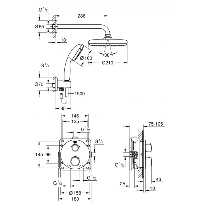 Плитка керамогранит Grohe Grohtherm Душевой набор для комплектации душа с Tempesta 210 (34727000) для пола
