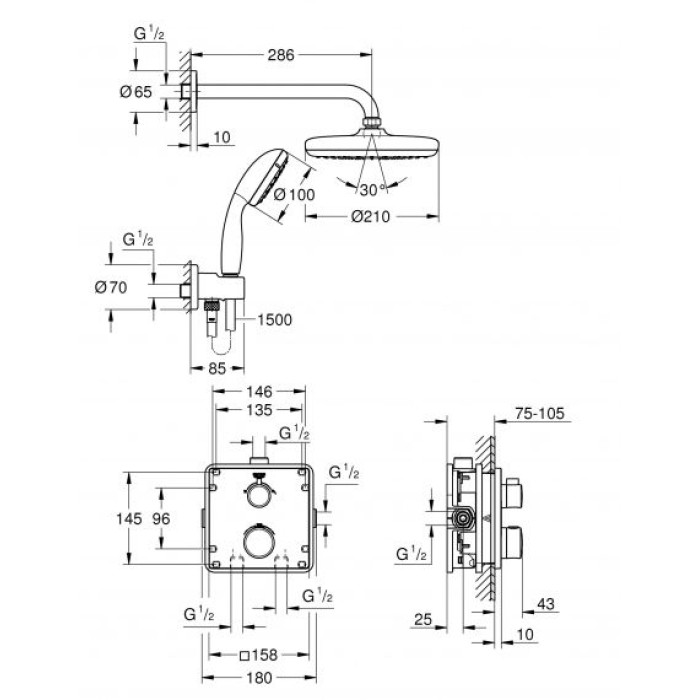 Плитка керамогранит Grohe Grohtherm Tempesta 210 Душевая система скрытого монтажа 34729000 для пола