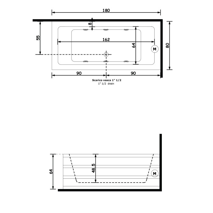 Gruppo Treesse Quadra Line Ванна 180x80x65 см