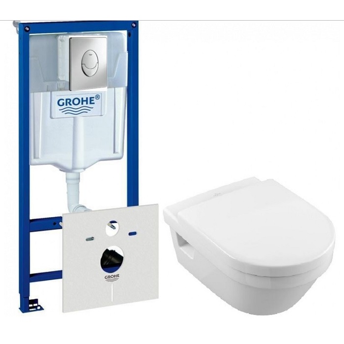 Комплект 4 в 1 инсталляция Grohe Rapid SL 38721001 с клавишей смыва и унитазом Villeroy & Boch Architectura Direct Flush 5684HR01 с сидением soft-close