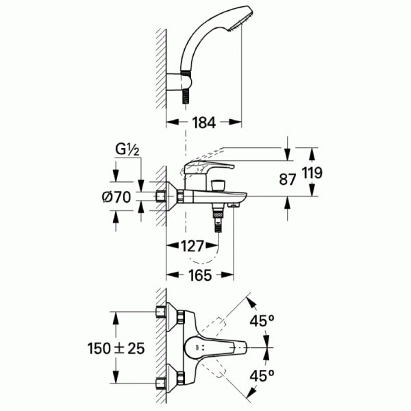 Grohe Eurosmart New Однорычажный смеситель для ванны + душевой набор (33302002)