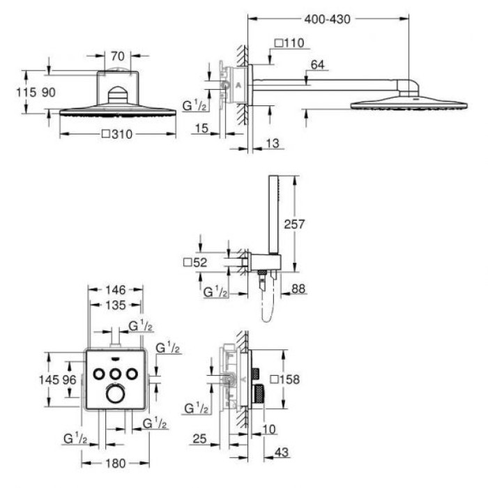 Плитка керамогранит Grohe Grohtherm SmartControl Душевая система Rainshower 310 SmartActive Cube (3470600A) для пола