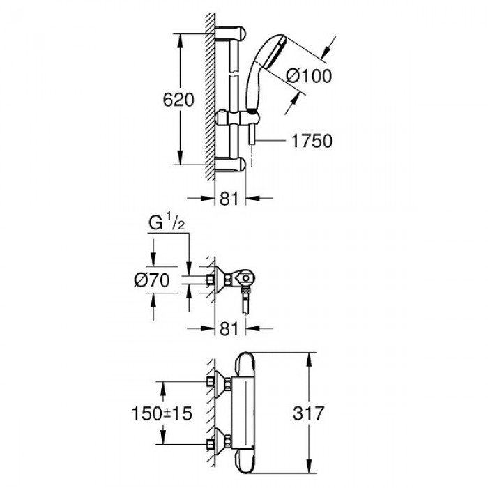 Grohe Grohtherm 1000 Термостат для душа с душевым гарнитуром (34151004)