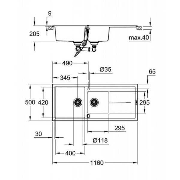 Мойдка для кухни Grohe 1160х500 мм, Granite Black (31643AP0)