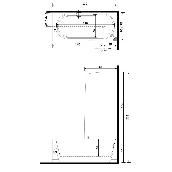 Gruppo Treesse Cristina Box Ванна прямоугольная 170x70xh213 см