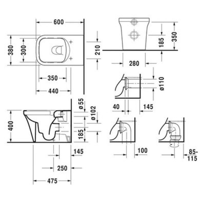 Плитка керамогранит Пристенный унитаз безободковый Duravit Rimless P3 Comforts 2166090000 для пола