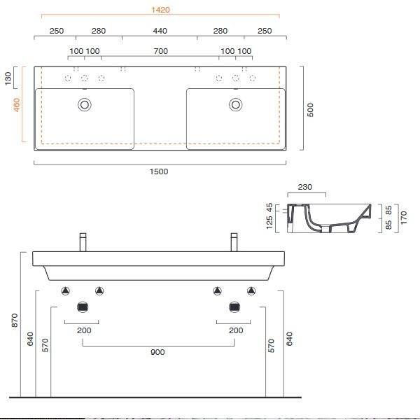 Керамическая раковина 150 см Catalano NEW ZERO, bianco lucido