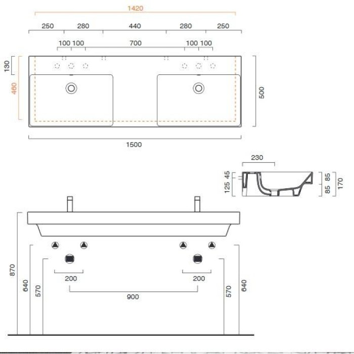 Керамическая раковина 150 см Catalano NEW ZERO, bianco lucido