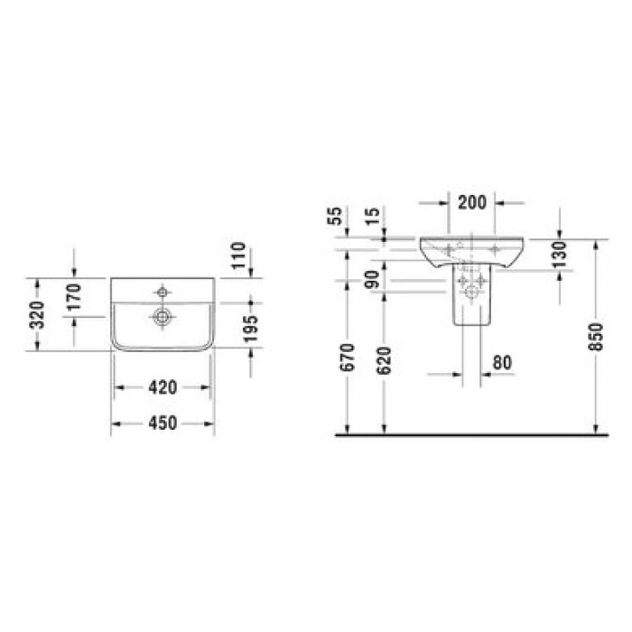 Плитка керамогранит Керамическая раковина 45 см Duravit P3 Comforts 0716450000 для пола