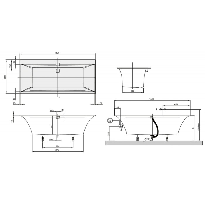 Ванна квариловая Villeroy&Boch Squaro Edge 12 UBQ180SQE2DV-01 + ножки и система слива-перелива