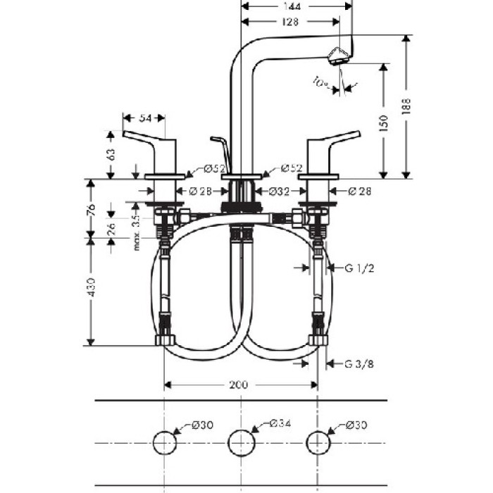 Смеситель для раковины на 3 отверстия Hansgrohe Talis S 72130000