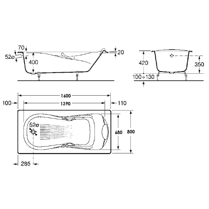 Ванна чугунная 160*80см ROCA HAITI A233070001 с ручками и покрытием против скольжения