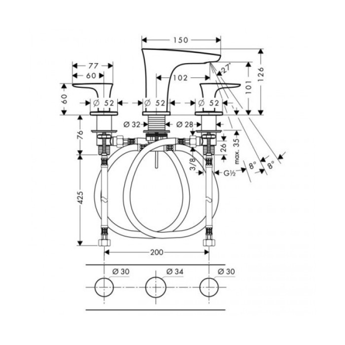 Смеситель для раковины на 3 отверстия Hansgrohe PuraVida 15073000