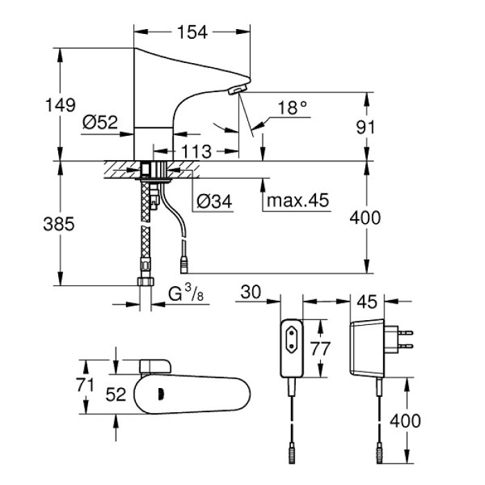 Grohe Europlus E 220V Смеситель сенсорный для раковины (36015001)