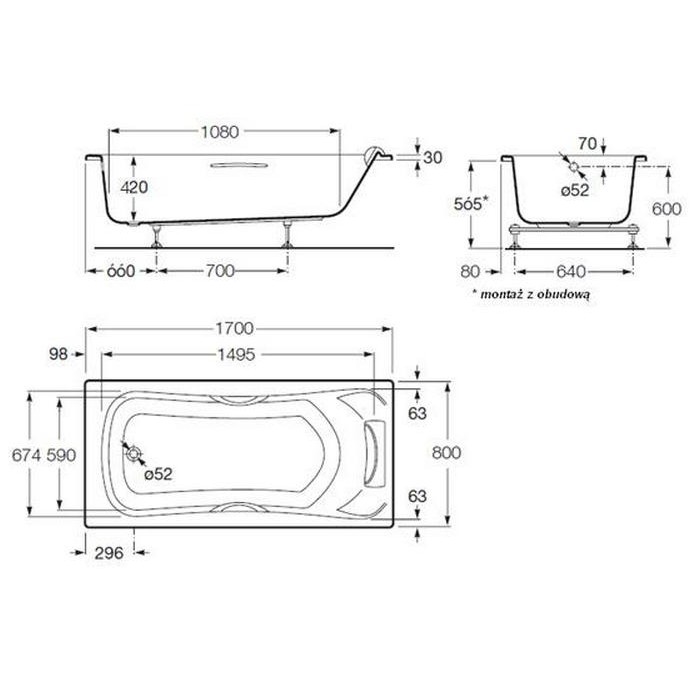 Ванна акриловая 170*80см ROCA BECOOL A248016001 с ножками ручками и подголовником