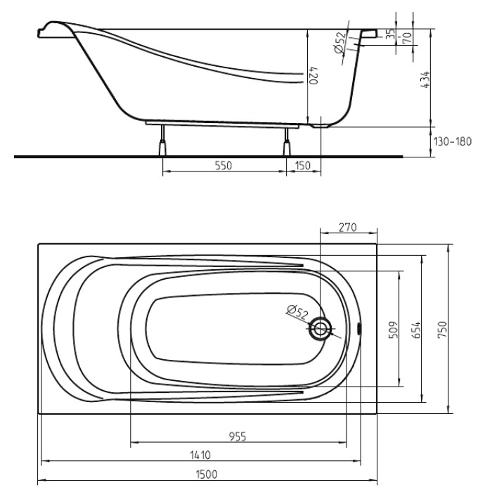 Ванна акриловая Kolo SAGA XWP3850000 150X75 см
