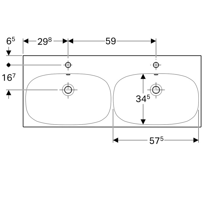 500.627.01.2 Geberit Acanto Умывальник двойной 120 см, с двумя отверстиями, с переливом, с системой быстрого монтажа, белый