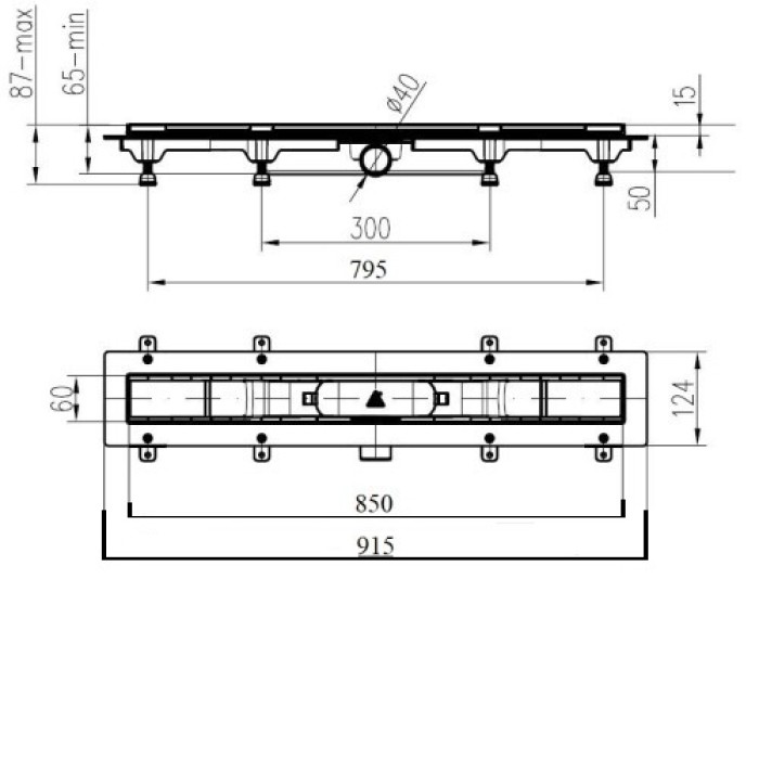 CH-850-KN1 Душевой канал 850 мм с матовой решеткой Классик и Под плитку, нержавеющая сталь, горизонтальный фланец, кромка из нержавеющей стали