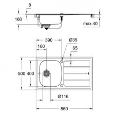 Мойка для кухни Grohe 860x500 мм с эксцентриком, 1 чаша, глянцевая (31552SD0)