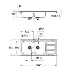 Мойдка для кухни Grohe 1160x500 мм с эксцентриком, 2 чаши, матовая (31587SD0)