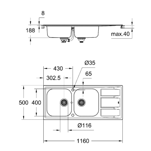Мойдка для кухни Grohe 1160x500 мм с эксцентриком, 2 чаши, матовая (31587SD0)