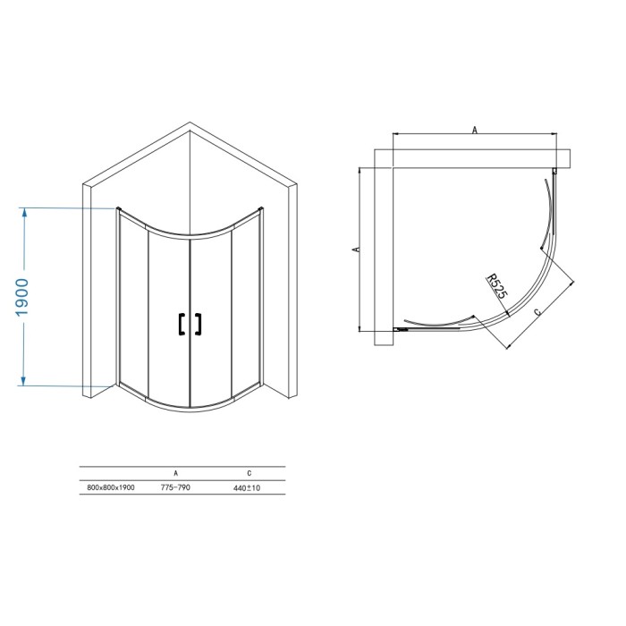 PRI2821C PRIME Душова кабіна, розсувна - чверть кола 80*80 - хром/прозоре скло