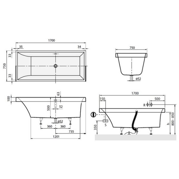 Ванна квариловая Villeroy&Boch Squaro UBQ170SQR2V-01 + ножки