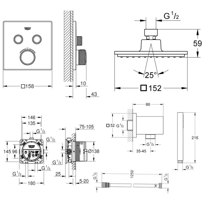 Плитка керамогранит Grohe Grohtherm SmartControl Cube Душевая система 23409SC0 для пола