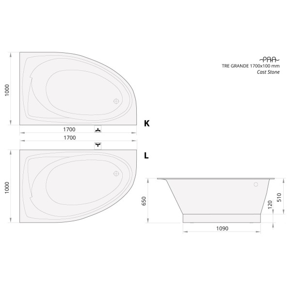 Ванна из искусственного камня PAA Tre Grande K 1700x1000x650