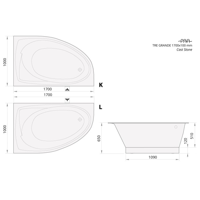Ванна из искусственного камня PAA Tre Grande K 1700x1000x650
