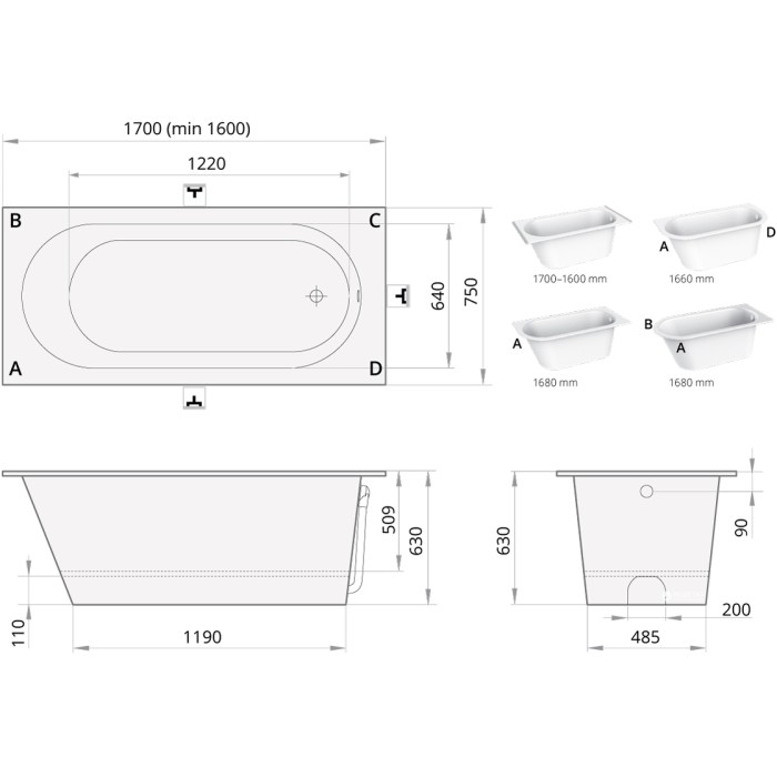 Ванна из искусственного камня PAA Vario Long 1700/1600x750