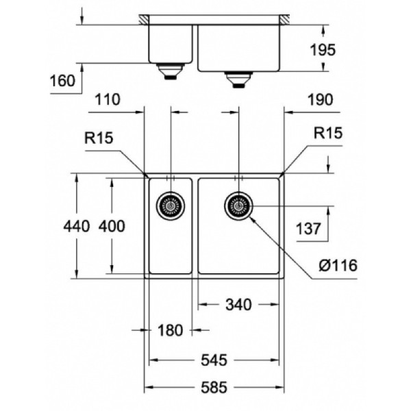 Мойдка для кухни Grohe 585x440 мм, под столешницу, 1,5 чаши, матовая (31576SD0)