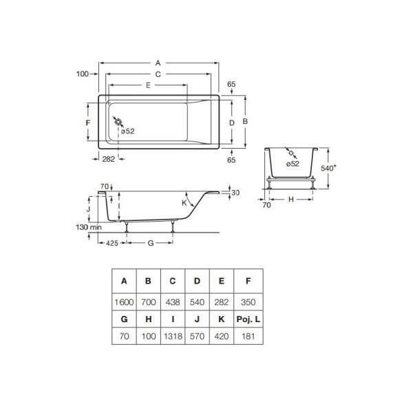 Ванна акриловая 160*70см ROCA EASY A248195000 с ножками